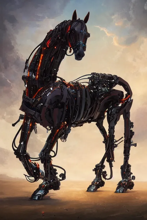 Image similar to 3 quarter view photography portrait of a biomechanical stalion horse illustrated by greg rutkowski and Akira Saito and Peter mohrbacher, boston dynamics, 4k,