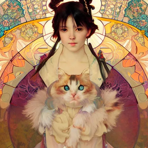 Image similar to portrait of a calico cat, masterpiece, sakimichan, Ross Tran, Alphonse Mucha