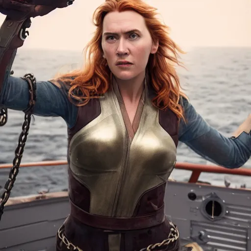 Prompt: a heroic portrait of younger redhead Kate Winslet mechanic with one prosthetic metallic gauntlet standing on a ship deck by Greg Rutkowski, ultra realistic, by Sung Choi, photorealistic 8k, cinematic lighting, HD, high detail, atmospheric, trending on artstation, high detailed face
