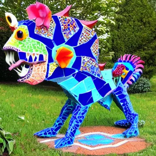 Image similar to mosaic sculpture of a alebrije chimera!!!, irregularly shaped mosaic tiles, in the style of folk art, in a cottagecore flower garden