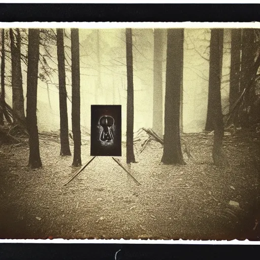Prompt: occult human sacrifice in woods dark, Polaroid photo