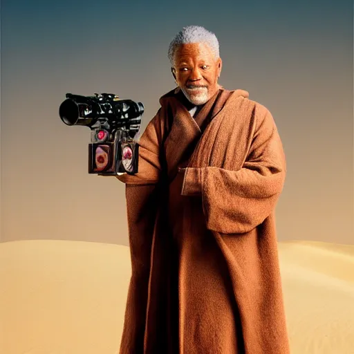 Image similar to photoshoot of comedian red foxx as obi - wan kenobi, tatooine, sunset, dunes, dewbacks, sand people, droids, star wars, photorealistic, atmospheric, photographed in the style of annie leibovitz - h 6 4 0