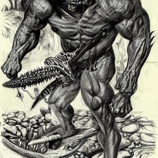 Image similar to dog - faced muscular goblin, ugly face, lizard tail, holding scimitar made of bone, hyper - detailed, primeval fantasy, prehistoric fantasy, drawn by frank frazetta