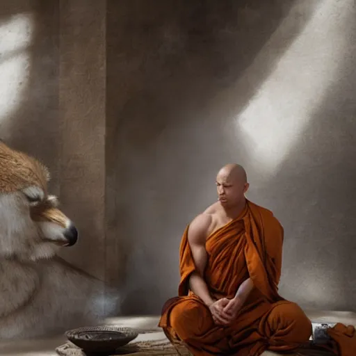 Prompt: antelope deer wolf reptile furry hairy fluffy bodybuilder wearing a monk robes holding incense burner. natural lighting by ruan jia, portrait