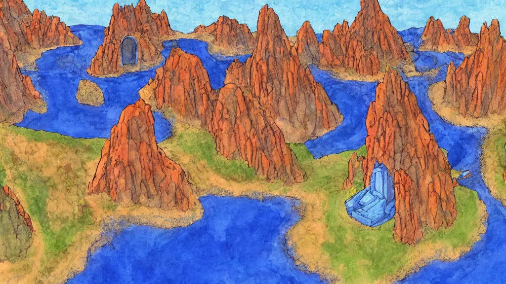 Image similar to Aerial view of a wizard tower surrounded by a blue cave, a red cave, a blue mine and a red mine, lineart, colored