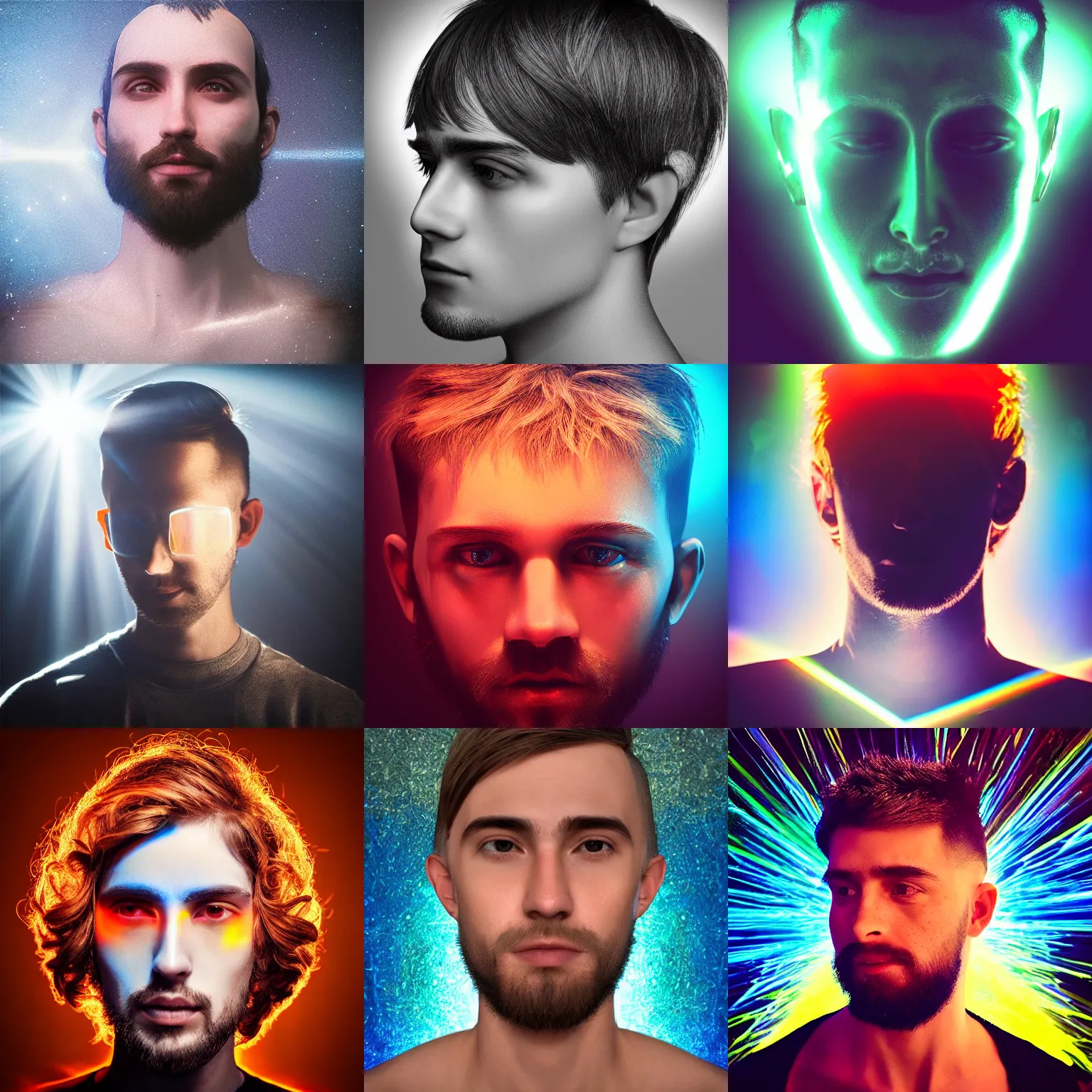 Prompt: “Ivan the wholesome prismatic person, side fringe haircut, refracting, caustics, light rays shining through, 4k photo”