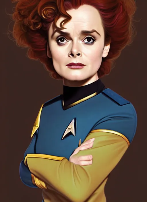 Image similar to cute star trek officer helena bonham carter, natural lighting, path traced, highly detailed, high quality, digital painting, by don bluth and ross tran and studio ghibli and alphonse mucha, artgerm