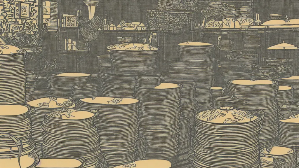 Prompt: stacks of saucepans that were fitting I to each other like russian rolls, while my family gathered around, flat design, screen print by Kawase Hasui and dan hillier, 8k