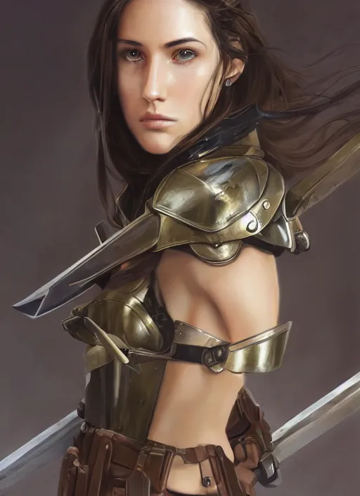 Image similar to a professionally painted portrait of an attractive young girl, partially clothed in battle armor, olive skin, long dark hair, beautiful bone structure, symmetrical facial features, intricate, elegant, heroic pose, digital painting, concept art, smooth, sharp focus, finely detailed, beautifully framed, from Metal Gear, in the style of Artgerm and Greg Rutkowski