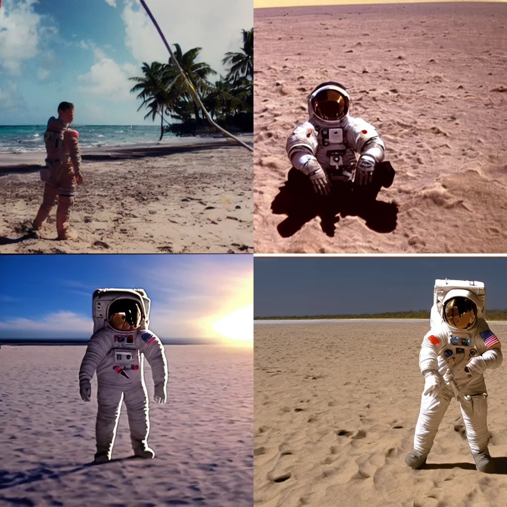 Image similar to footage of an astronaut in a tropical beach