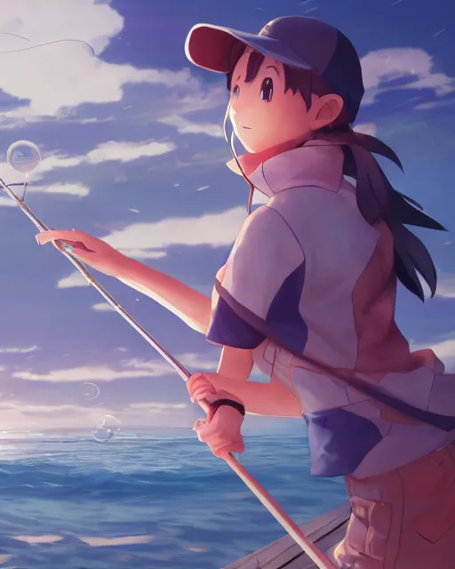 Prompt: a female pokemon trainer fishing for magikarp, full shot, atmospheric lighting, detailed face, by makoto shinkai, stanley artger m lau, wlop, rossdraws, james jean, andrei riabovitchev, marc simonetti, krenz c