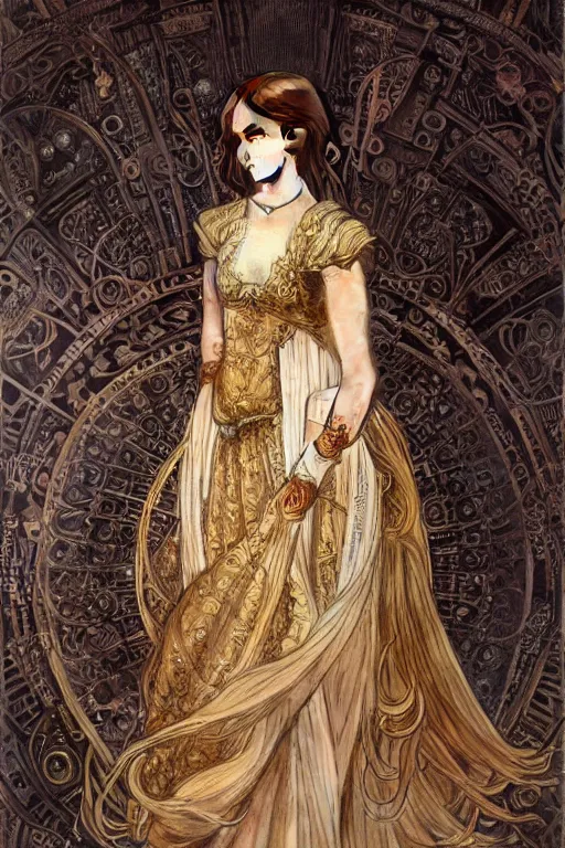 Prompt: a full body art nouveau portrait of a 16-year old girl who resembles Emma Watson, Saoirse Ronan and Anya Taylor Joy, ornate intricate golden battle armor, intricate, elegant, highly detailed, digital painting, artstation, concept art, smooth, sharp focus, illustration, art by John William Waterhouse and greg rutkowski and Donato Giancola and alphonse mucha