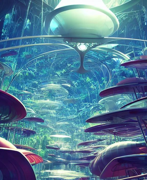 Image similar to simplicity, an amusement park made out of sleek asymmetrical organic creatures, in the style of an aerodynamic spaceship, overgrown with orchids, partly cloudy, sun - drenched, dramatic lighting, by dan mumford, yusuke murata, makoto shinkai, ross tran, cinematic, unreal engine, cel shaded, featured on artstation, pixiv