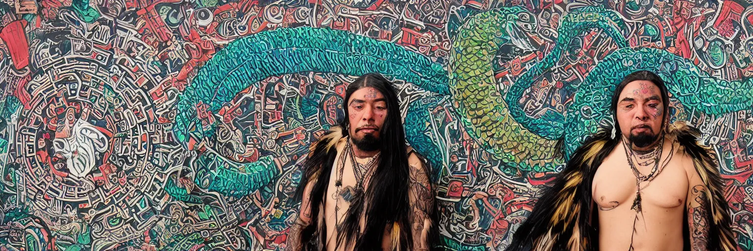 Prompt: photoperiodism portrait of an indigenous cholo goth mechanoid shaman dressed with a quetzalcoatl feathered serpent dancing over los angeles city vew