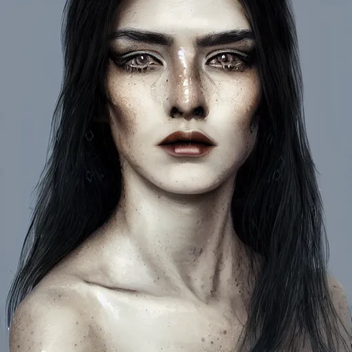 Prompt: pretty woman with long black hair, few freckles on face, suntanned skin, dark brown middle eastern eyes narrowed, scar on left side of neck, wearing black armor, digital art, hyperdetailed, hyperrealistic, 4 k, 8 k