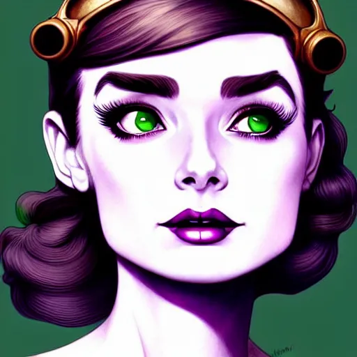 Image similar to in the style of joshua middleton, artgerm, beautiful audrey hepburn, steampunk, bioshock, purple and green top, elegant pose, middle shot, spooky, symmetrical face symmetrical eyes, three point lighting, detailed realistic eyes, short neck, insanely detailed and intricate elegant