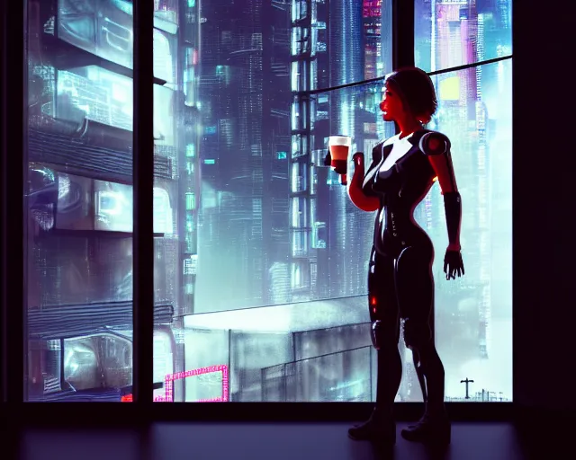 Image similar to a terminator cyborg lady with borg implants and optical fibers is drinking coffee near a window with dystopian city visible outside. very detailed 8 k. horror cyberpunk style.