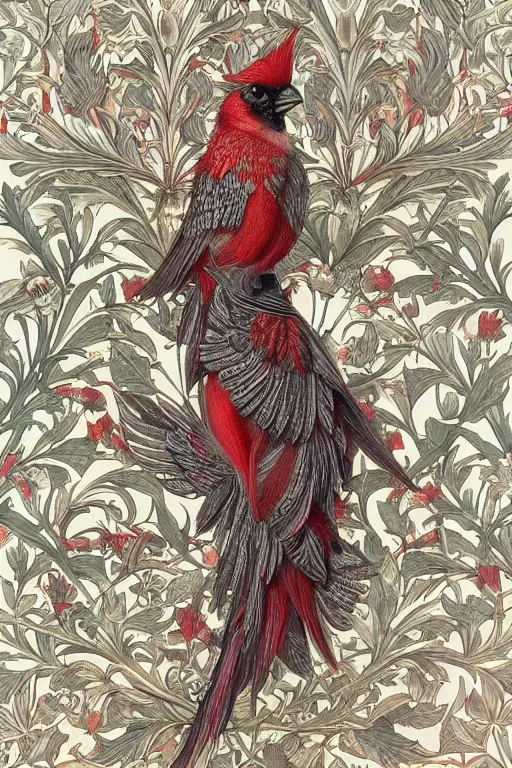 Prompt: ethereal Cardinal bird, intricate details, ornate, detailed illustration, octane render, Johanna Rupprecht style, William Morris style, trending on artstation