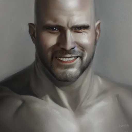 Image similar to a head - on detailed oil portrait of a round - faced bald male martial artist with a friendly smile, by charlie bowater, lise deharme, wlop, trending on artstation, dungeon and dragons art, critical role