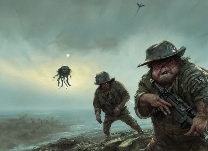 Prompt: close up cinematic artwork of squidbillies staring down the enemy on the battlefield by Greg Rutkowski, 4k, masterpiece