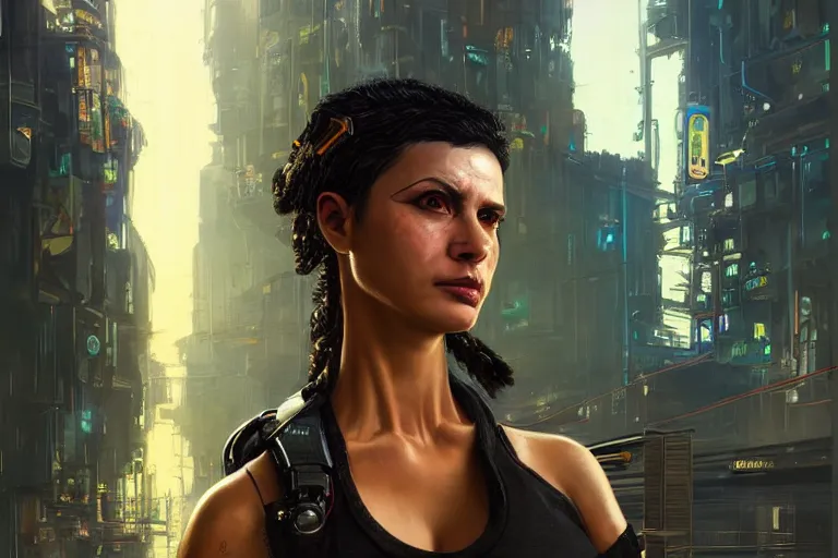 Image similar to A solarpunk very highly detailed Judy Alvarez from the videogame Cyberpunk 2077, with very highly detailed face on the street of a very highly detailed smooth solarpunk city digital concept art by Greg Rutkowski, neofuturistic highly detailed, digital concept art, Dimensional cyan gold natural light, sharp focus, Golden Ratio illustration, realistic concept art by Stephen Hickman and James Gurney and Hiromasa Ogura Ghost in the Shell rendered in Octane Render, From the distance