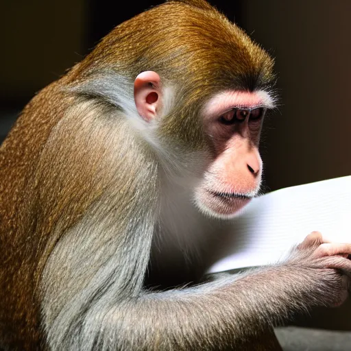 Prompt: monkey studying writing in a notebook, 4k, HD, Full-HD, Super-Resolution, by Laurie Lipton