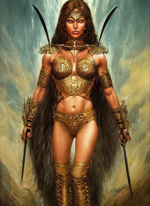 Image similar to a highly detailed symmetrical full body painting of a female amazon warrior with piercing beautiful eyes in dark tomb setting, dynamic lighting, ambient lighting, deviantart, art by artgerm and karol bak and mark brooks