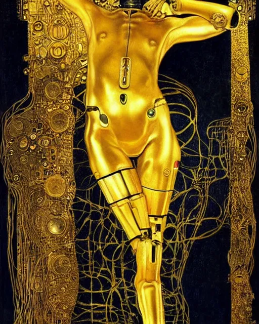 Image similar to Golden Portrait of a Cyborg from Ghost in the shell by Gustav Klimt, cyberpunk noir, baroque elements, intricate artwork by caravaggio, aesthetic, intricate, highly detailed, masterpiece