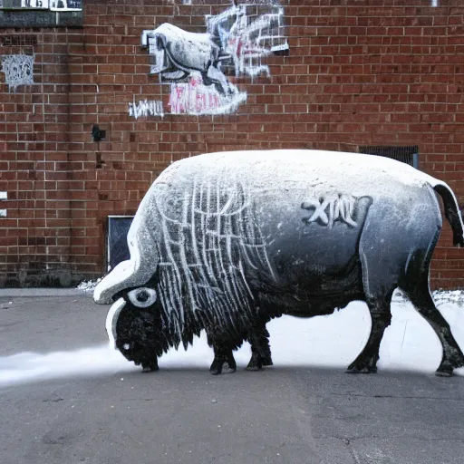 Image similar to a buffalo covered in flour in the middle of the street, graffiti banksy art