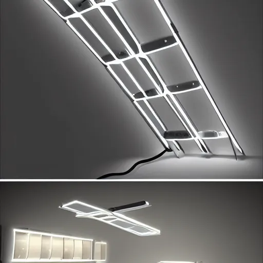 Image similar to a led - strip lamp hanging from the sealing, digital art, sci - fi look, by frank gehry, concept art