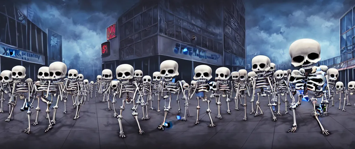 Image similar to hyperrealistic supercute skeleton army mall in background ute osterwald jason limon professional concept art dramatic blue lighting wide angle hd 8k sharp shallow depth of field