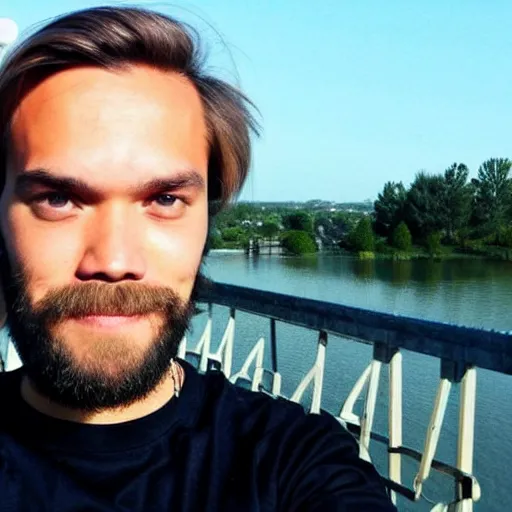 Image similar to pewdiepie selfie at a bridge