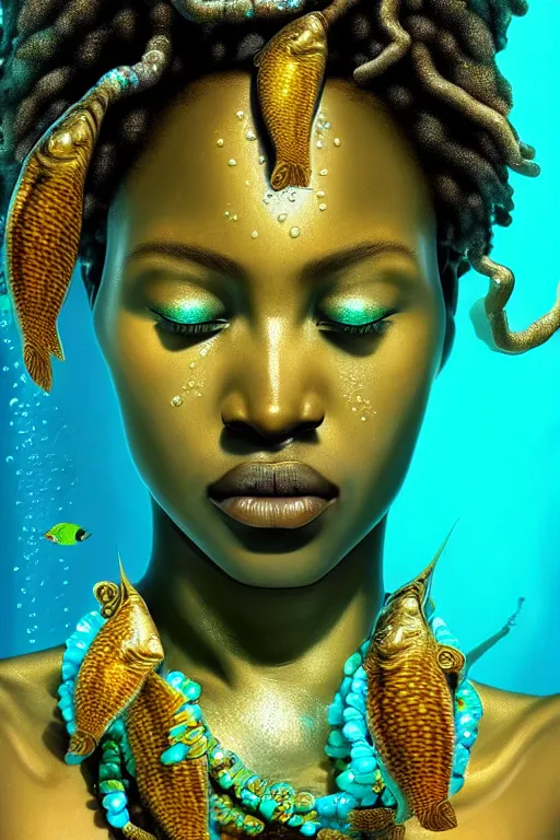 Image similar to hyperrealistic cinematic wide shot of very expressive! translucent!! african goddess, underwater scene with fish and algae, gold jewerly, highly detailed face, digital art masterpiece, eric zener cam de leon, dramatic pearlescent turquoise light on one side, low angle uhd 8 k, shallow depth of field