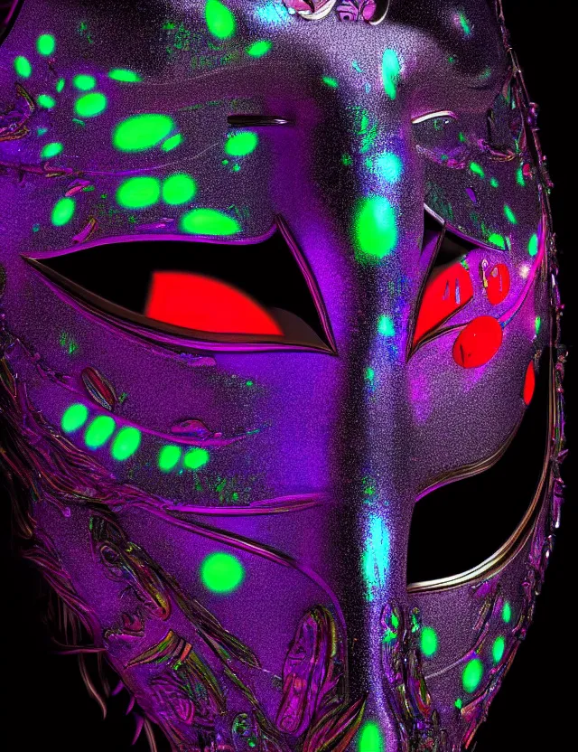 Prompt: highly detailed digital art rendering of a beautiful futuristic iridescent geisha mask with glowing eyes. black background. gritty textures. unreal engine, redshift, blender. psychedelic art. trending on artstation, behance.