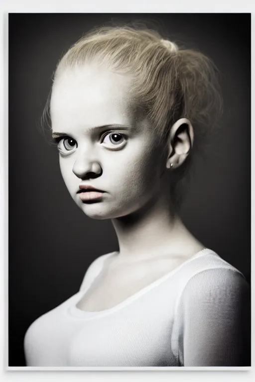 Prompt: studio portrait of girl that looks excactly like lisa simpson, lookalike, spitting image, as if lisa simpson came to life, soft light, black background, fine details, close - up, award winning photo by morten krogvold