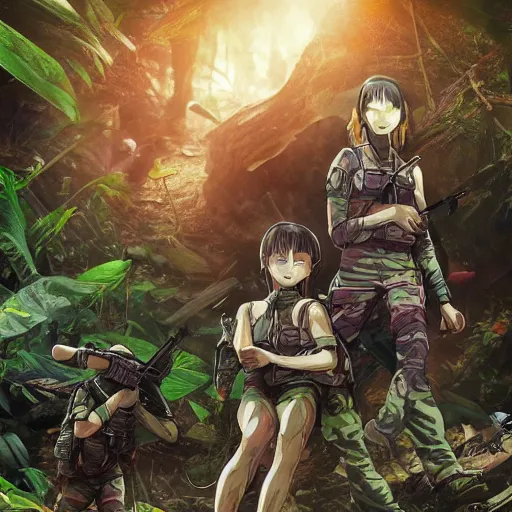 Image similar to vietnam war, cyborg marines in a mutated forest, anime key visual, high detail