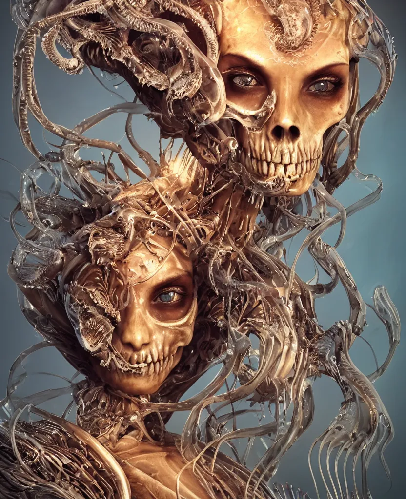Image similar to close-up macro portrait of the face of a beautiful princess with animal skull mask and ribcage, epic angle and pose, symmetrical artwork, 3d with depth of field, blurred background, cybernetic jellyfish female face skull phoenix bird, translucent, nautilus, energy flows of water and fire. a highly detailed epic cinematic concept art CG render. made in Maya, Blender and Photoshop, octane render, excellent composition, cinematic dystopian brutalist atmosphere, dynamic dramatic cinematic lighting, aesthetic, very inspirational, arthouse. y Greg Rutkowski, Ilya Kuvshinov, WLOP, Stanley Artgerm Lau, Ruan Jia and Fenghua Zhong