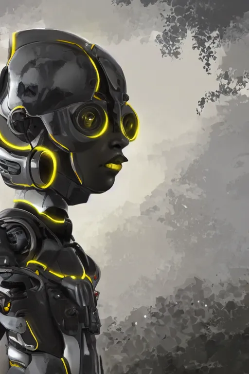 Image similar to a black kid playing with a futuristic robot in the nature, mixing solarpunk, afropunk, cyberpunk, ( ( ( ( volumetric light ) ) ) ), high angle, part by pearl fryar, part by prince damah, sunny day, trending on artstation, cinematic view, illustration, painting, realistic