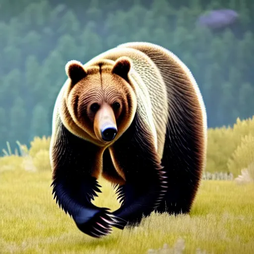 Image similar to a grizzly bear wearing a tuxedo walking on its hind legs, cinematic, realistic