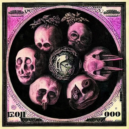 Image similar to post - punk new age album cover, asymmetrical design, dollar bank notes, capitalism, magic, apocalypse, psychedelic, black white pink, magic, giger h. r., giuseppe arcimboldo