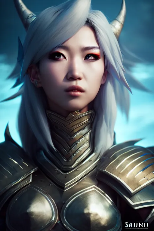 Image similar to sakimi chan, battle armor, detailed face, white skin, dramatic lighting, tony sart, unreal engine, wind, lightning