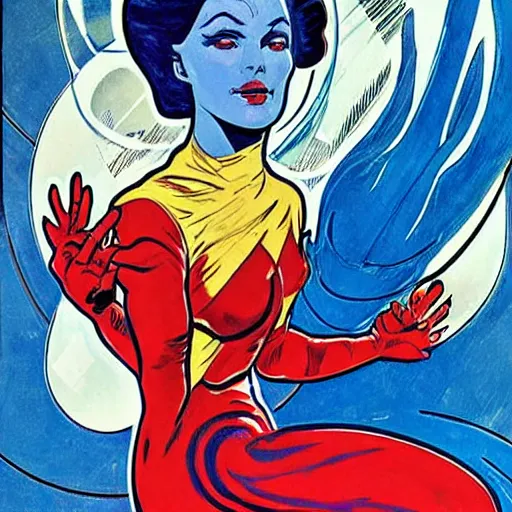 Image similar to an alien woman with blue skin and red hair, floating in space. well composed, clean elegant painting, beautiful detailed face. comic book art by steve ditko and jack kirby and ( alphonse mucha )