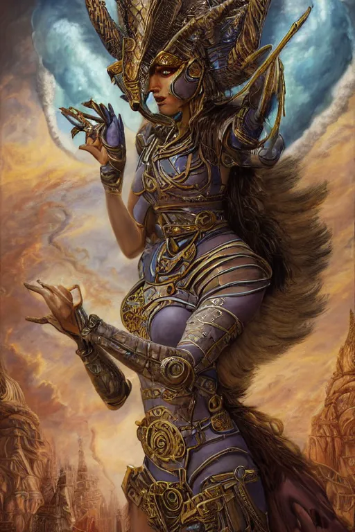 Prompt: Mystical Valkyrie, Portrait of a beautiful female Atlantean Anubis Alien Reptilian Warrior, Realistic, Regal, Refined, Detailed Digital Art, François Boucher, Walt Disney (1937), Oil Painting, Michael Cheval, Steampunk, Highly Detailed, Cinematic Lighting, Unreal Engine, 8k, HD