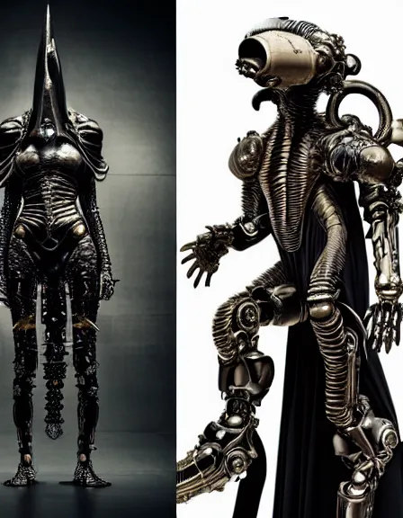 Image similar to still frame from Prometheus by Giger, which king Dr doom in ornate bio cybernetic bone and opal armour and horned helmet by Wayne Barlowe by peter Mohrbacher, dressed by Alexander McQueen and by Neri Oxman, metal couture hate couture editorial