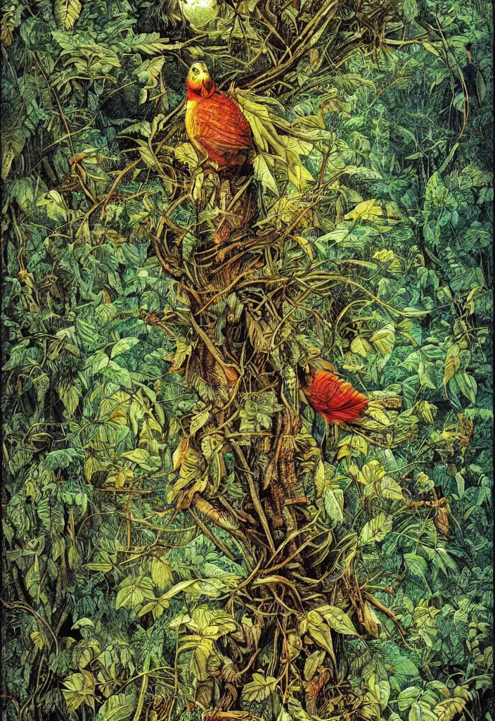 Image similar to a bird in a forrest in the style of patrick woodroffe, masterpiece, fantastic, High quality image