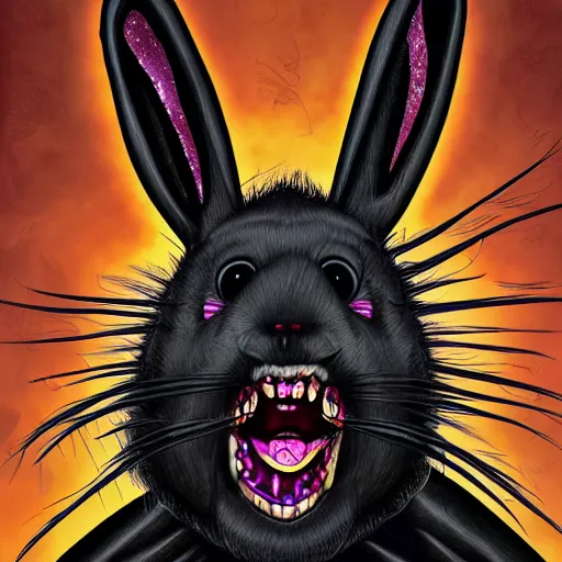 Image similar to A extremely highly detailed majestic hi-res beautiful, highly detailed head and shoulders portrait of a scary terrifying, horrifying, creepy maniacal crazy black cartoon rabbit with scary big eyes, earing a shirt laughing maniacally , let's be friends, in the style of a Walt Disney cartoon