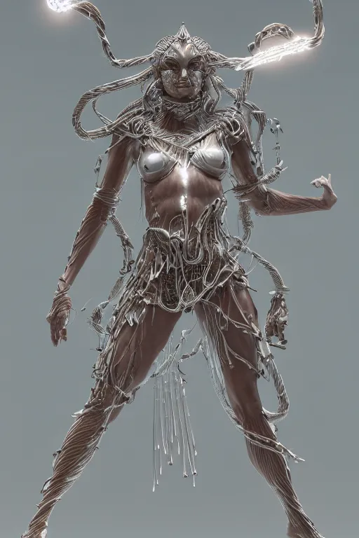 Image similar to epic 3 d oxaguian, ifa deity, liquid hands and feet spinning, 2 0 mm, with white and silver swords melting smoothly into asymmetrical cables and future technology, liquid, calm, peaceful, intricate, houdini sidefx, trending on artstation, by jeremy mann and ilya kuvshinov, jamie hewlett and ayami kojima, 3 d render