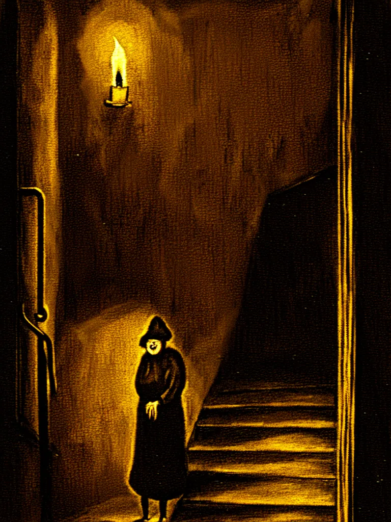 Prompt: Full Color Vintage Horror Illustration of a Scary Old Lady Staring Down a Stairwell at night. Looking downward. Candle light Glowing illumination, Spooky lighting , Pinterest