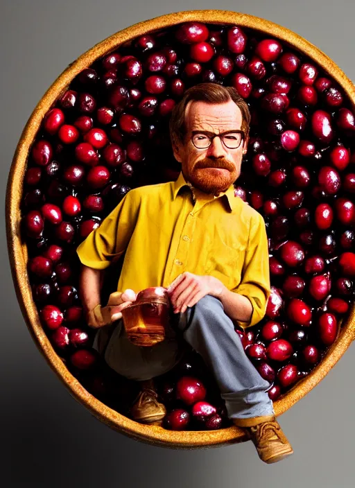 Image similar to tiny bryan cranston sitting inside a cranberry, food photography, natural light, sharp, detailed face, magazine, press, photo, steve mccurry, david lazar, canon, nikon, focus