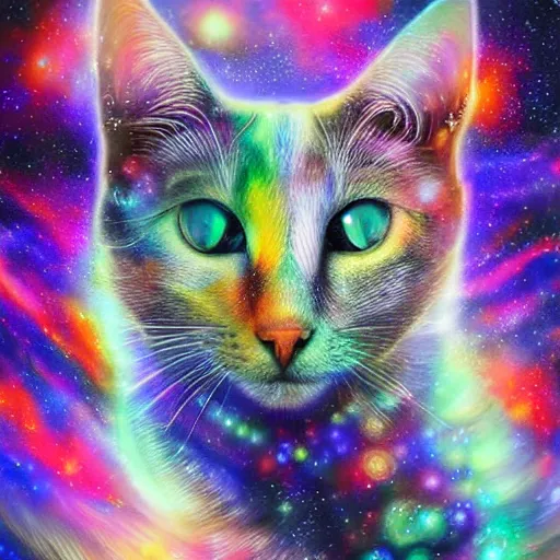 Image similar to a galaxy colored psychedelic chakra awakening kundalini ethereal portrait of a cat with her eyes closending to a higher plane of existence, eternal blessing, multiverse, by android jones, by ben ridgeway, visionary art, by artgerm, featured on artstation, cgsociety, by greg rutkowski